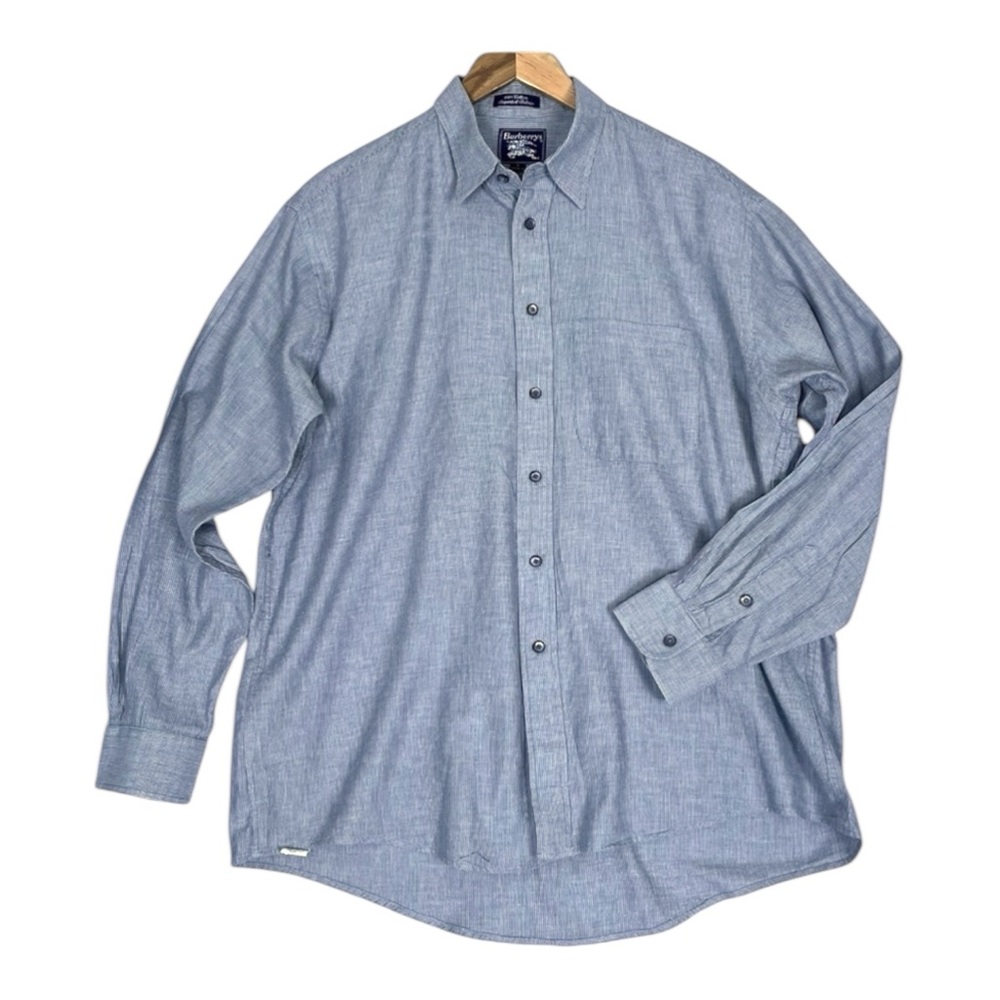 Vintage Burberry’s Button Down Shirt Mens Large 100% Cotton Blue Grey Pinstripe
